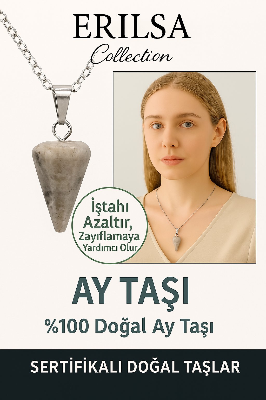 Sertifikalı Pandül Model Ay Taşı Kolye – Sezgi, Duygusal Denge ve Dişil Enerji Taşı