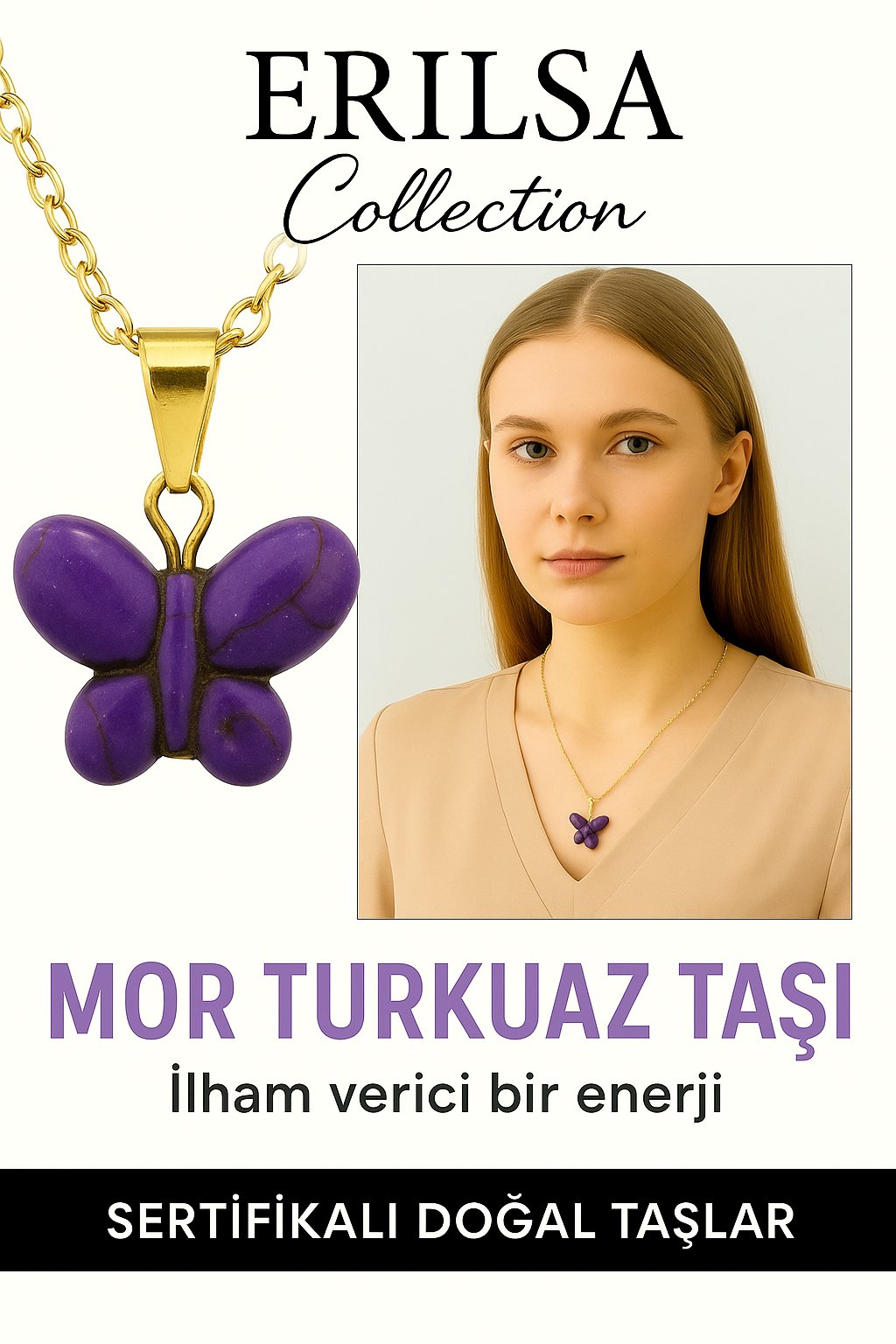 Sertifikalı Sarı Renkli Kelebek Model Mor Turkuaz Taşı Kolye – Ruhsal Denge, Şans ve Yenilenme Taşı