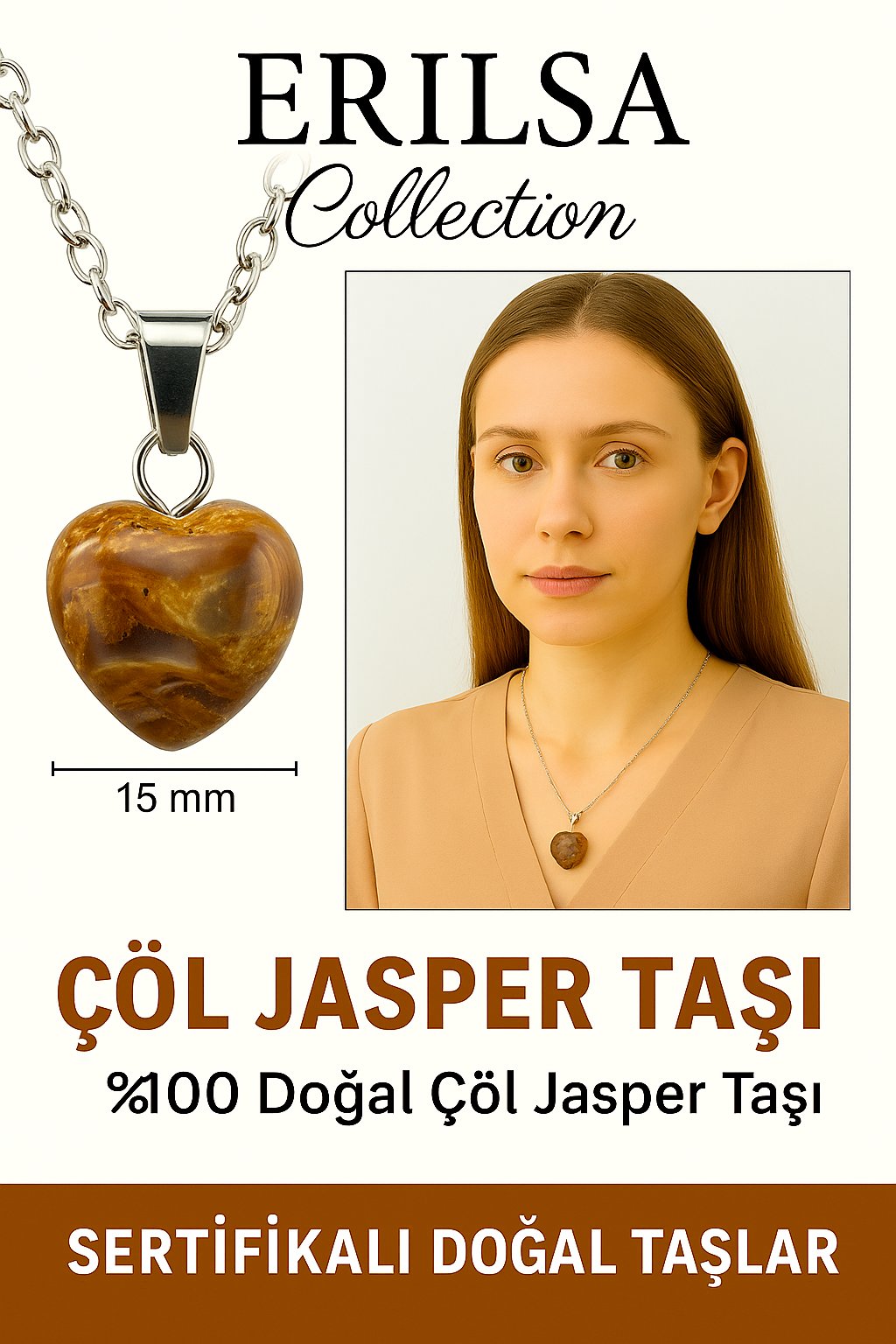 Sertifikalı Mini Kalp Model Çöl Jasper Taşı Kolye – Dayanıklılık, Denge ve Topraklanma Taşı