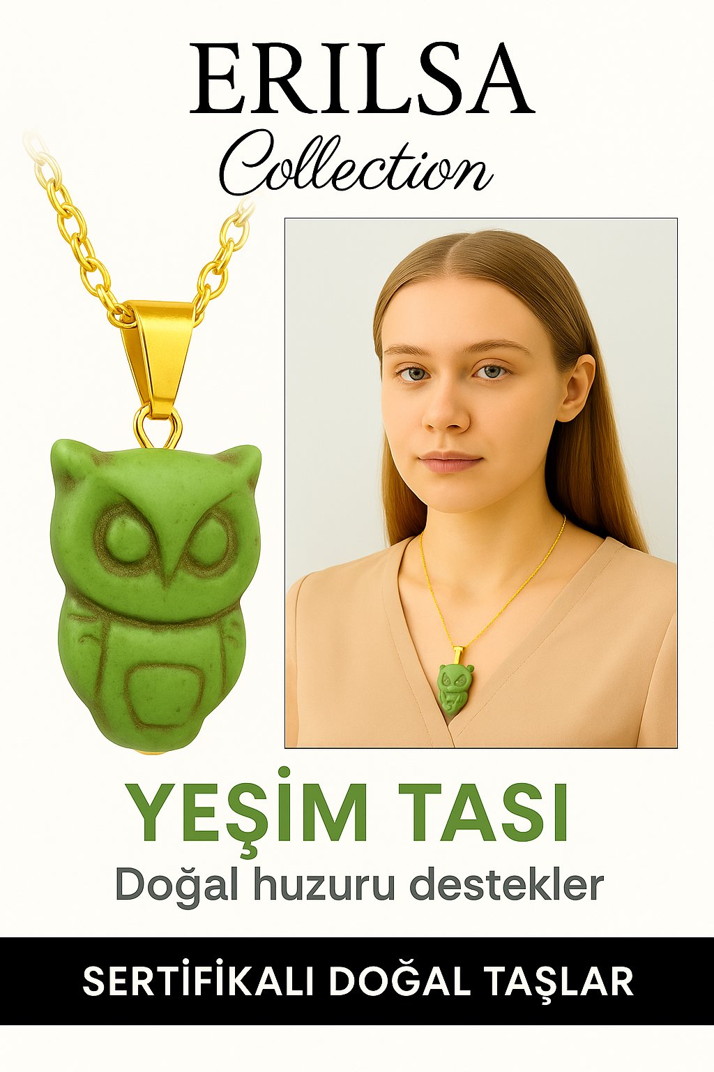 Sertifikalı Sarı Renkli Baykuş Model Sarı Turkuaz Taşı Kolye – Bilgelik, Şans ve Ruhsal Koruma Taşı