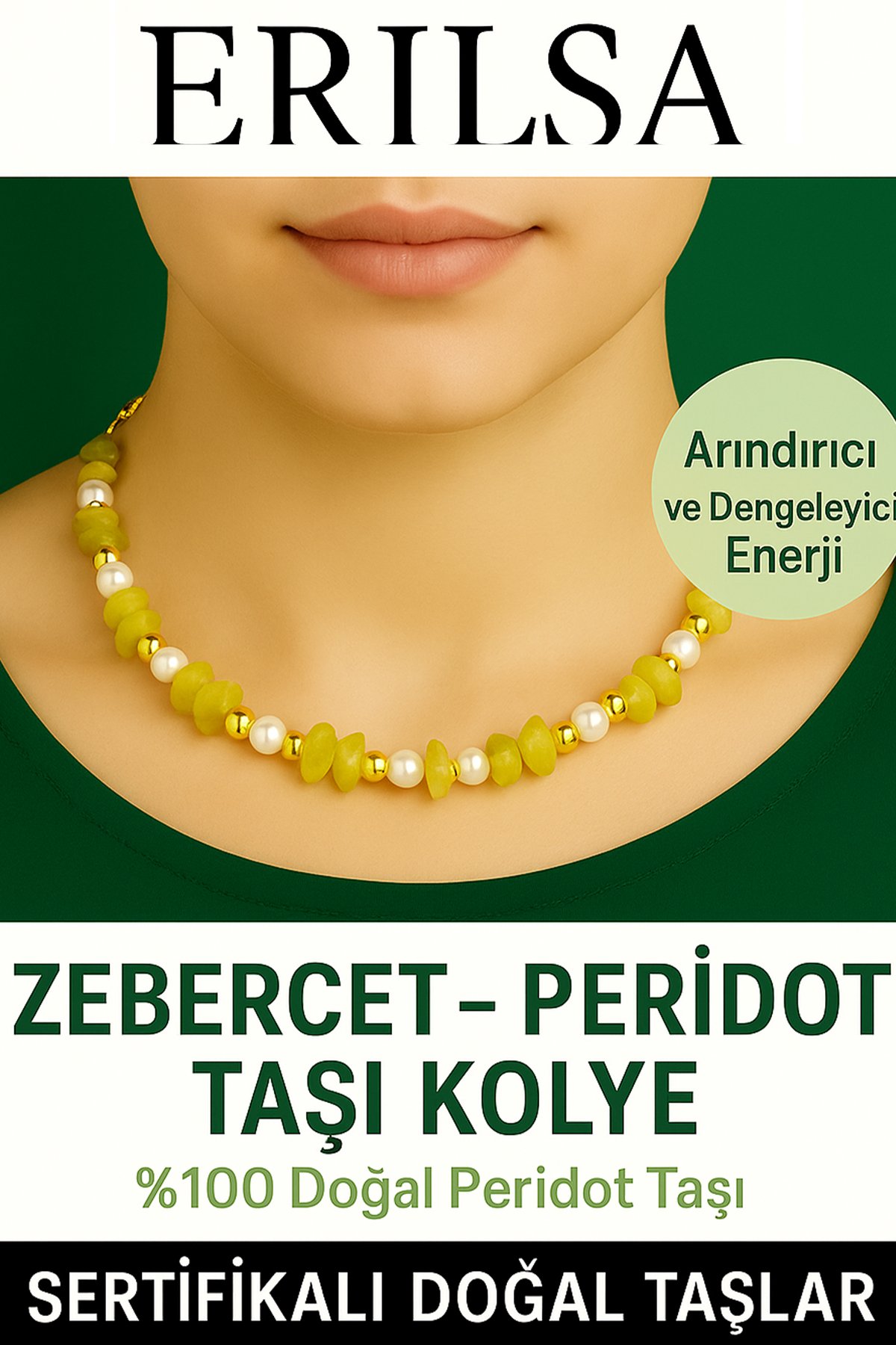 Sertifikalı Kırık Taşlı Model İnci - Zebercet (Peridot) Taşı Kolye