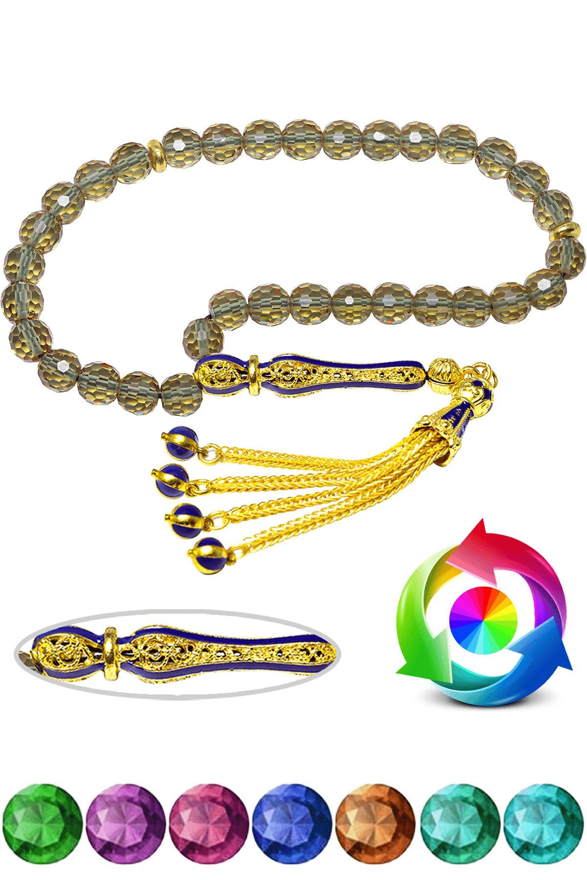 Sertifikalı Ortam Işığına Göre 7 Renk Değiştiren Doğal Diaspor Sultanit Sultan Zultanit Taşı Tesbih Siyah Mineli Altın Kaplama Telkari Püsküllü