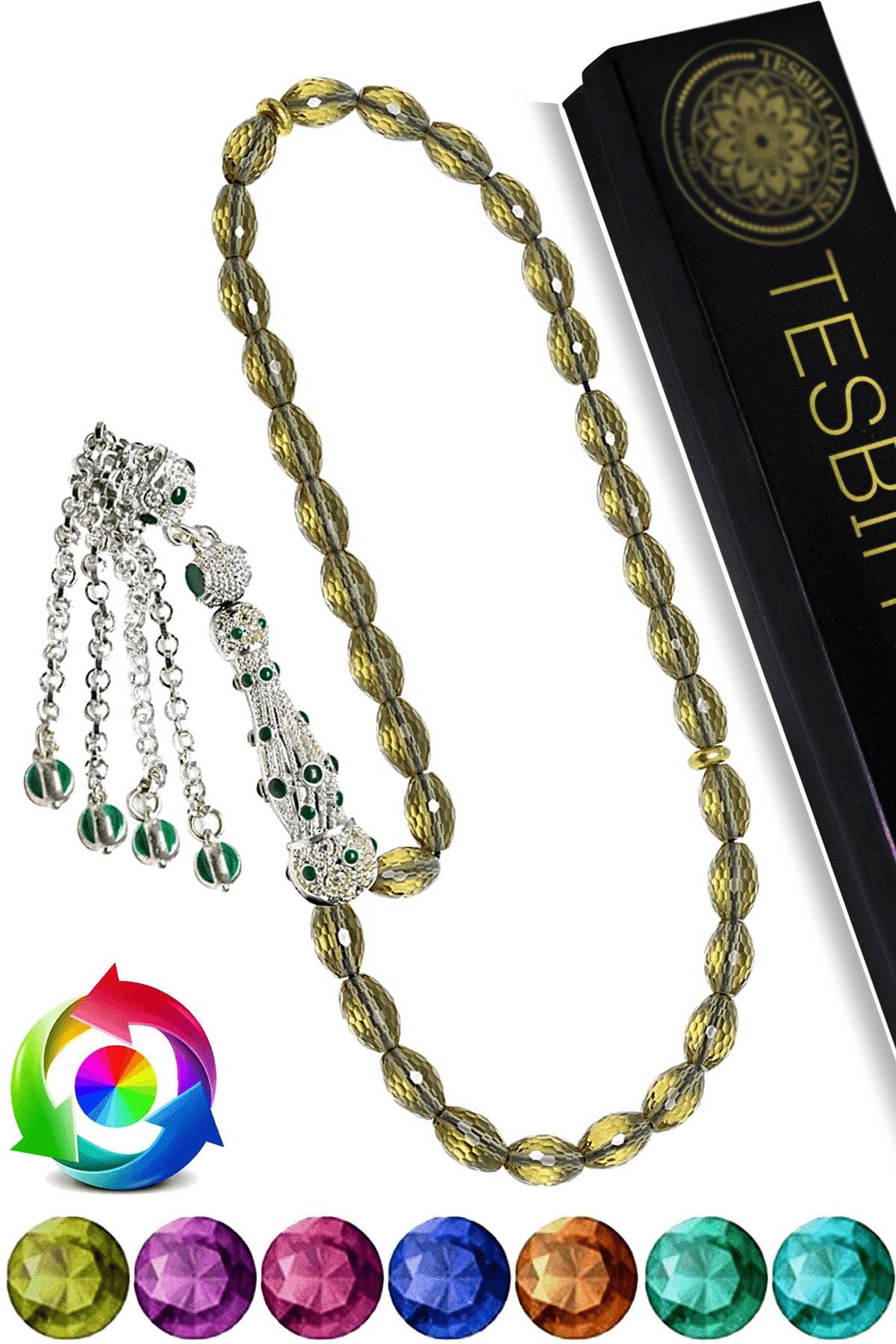 Ortam Işığına Göre 7 Renk Değiştiren Beyaz Yeşil Mineli Telkari Püsküllü Arpa Kesim Zultanit Tesbih Beyaz Yeşil Mineli Telkari Püsküllü