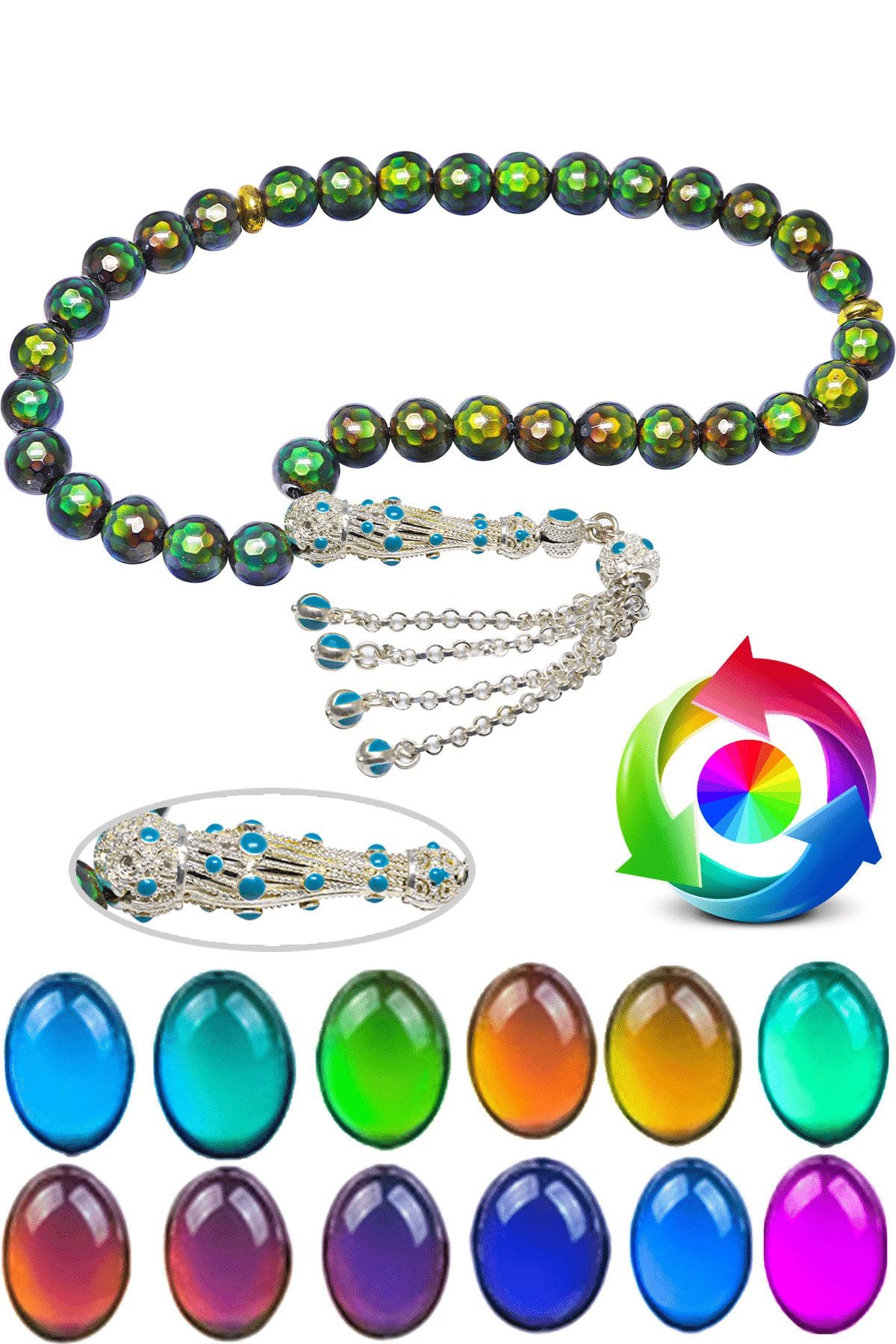 Sertifikalı Vücut Isısına Göre 12 Renk Değiştiren His Taşı Tesbih Siyah Kararmaz Püsküllü