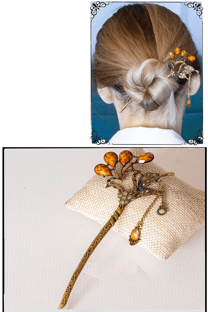 Sertifikalı Japon Stil Topuz Turuncu Doğal Taş Kuvars Taşı Saç Tokası