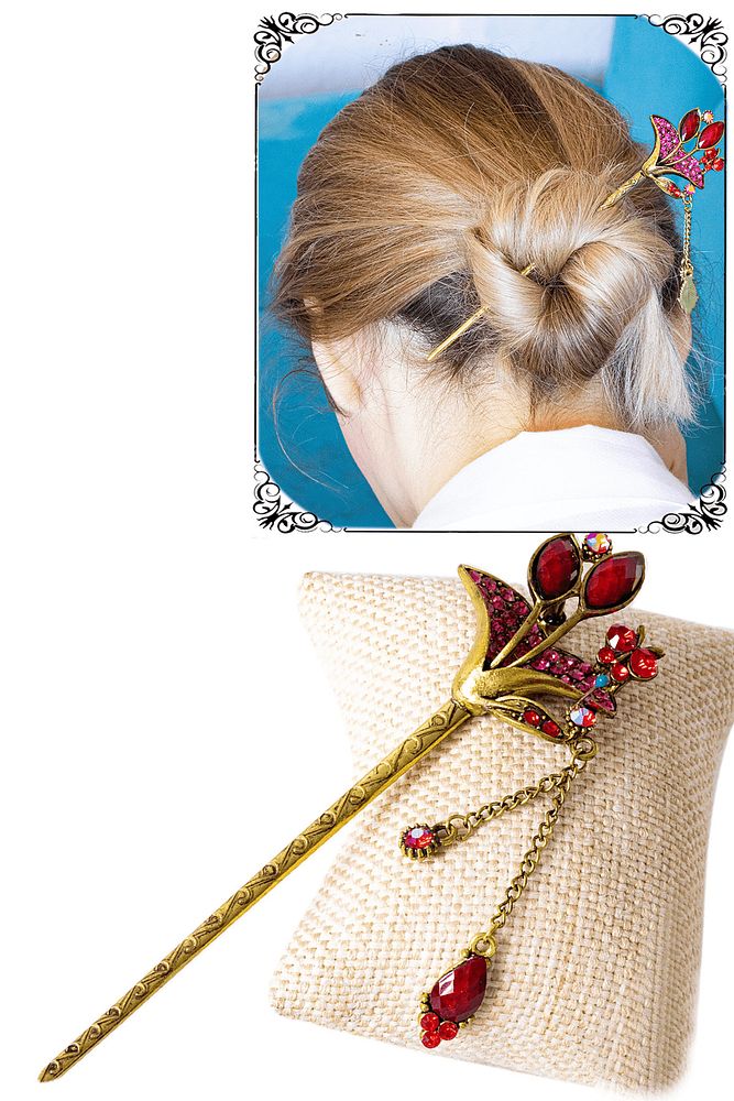 Sertifikalı Japon Stil Topuz Doğal Taş Kırmızı Kuvars Taşı Saç Tokası