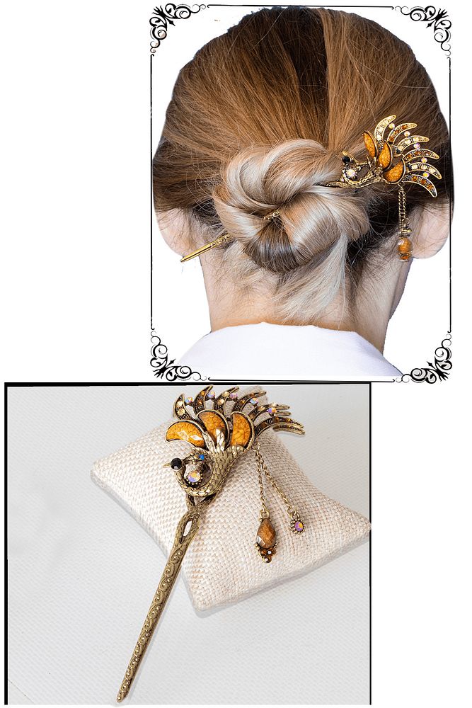 Sertifikalı Japon Stil Topuz Doğal Taş Sarı Kuvars Taşlı Saç Tokası