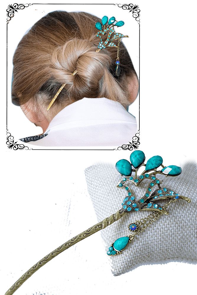 Sertifikalı Japon Stil Topuz Doğal Taş Turkuaz Kuvars Taşlı Saç Tokası