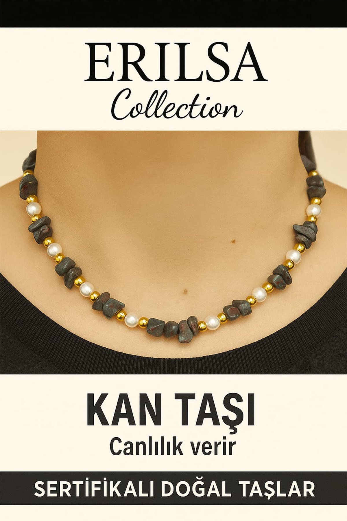 Sertifikalı Kırık Taşlı Model İnci – Kan Taşı (Heliotrop) Kolye – Koruyucu ve Dengeleyici Enerji