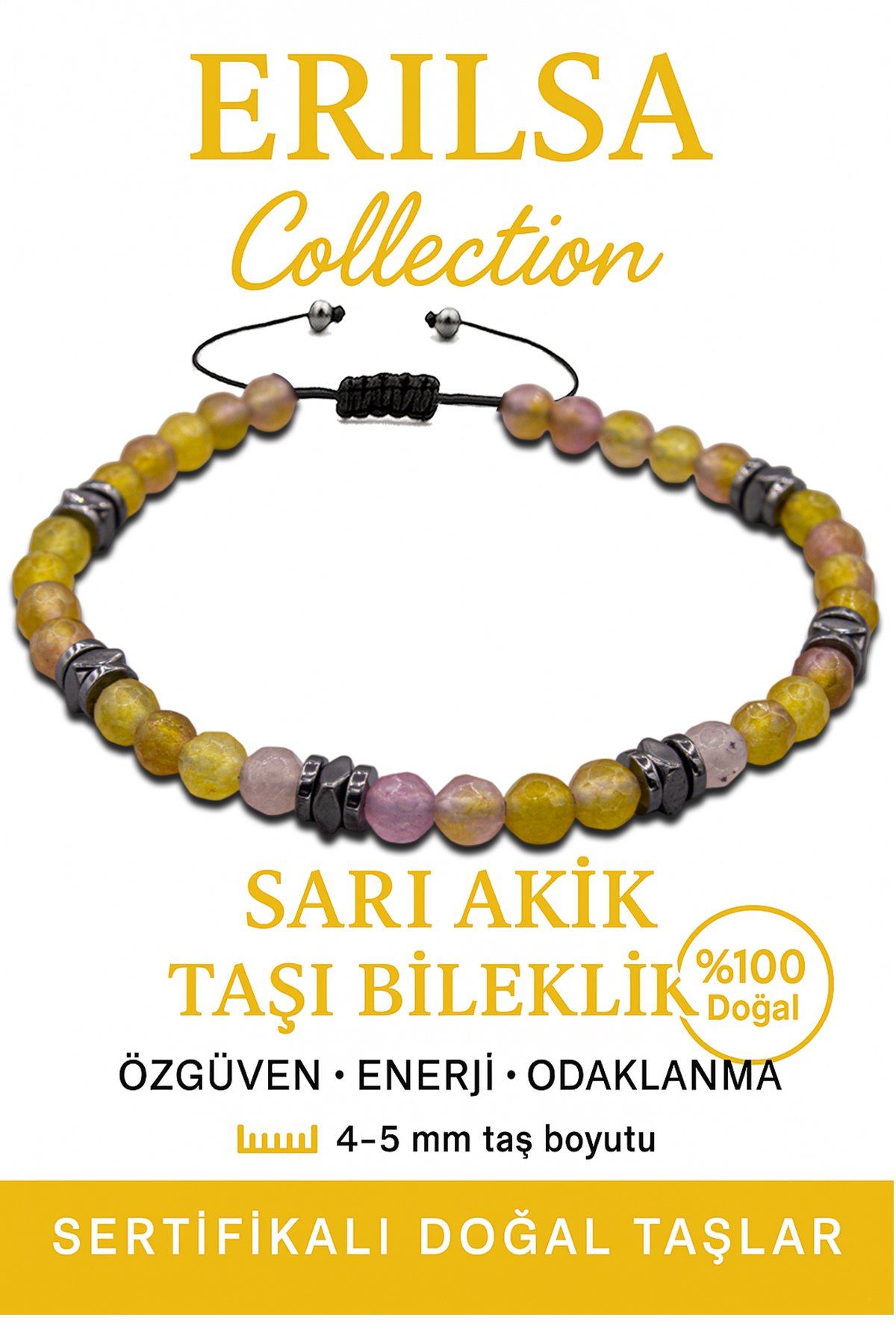 Sertifikalı Terahertz – Sarı Akik Taşı Bileklik (İnce Model) – Neşe, Zihinsel Güç ve Enerji Dengeleyici Taşı