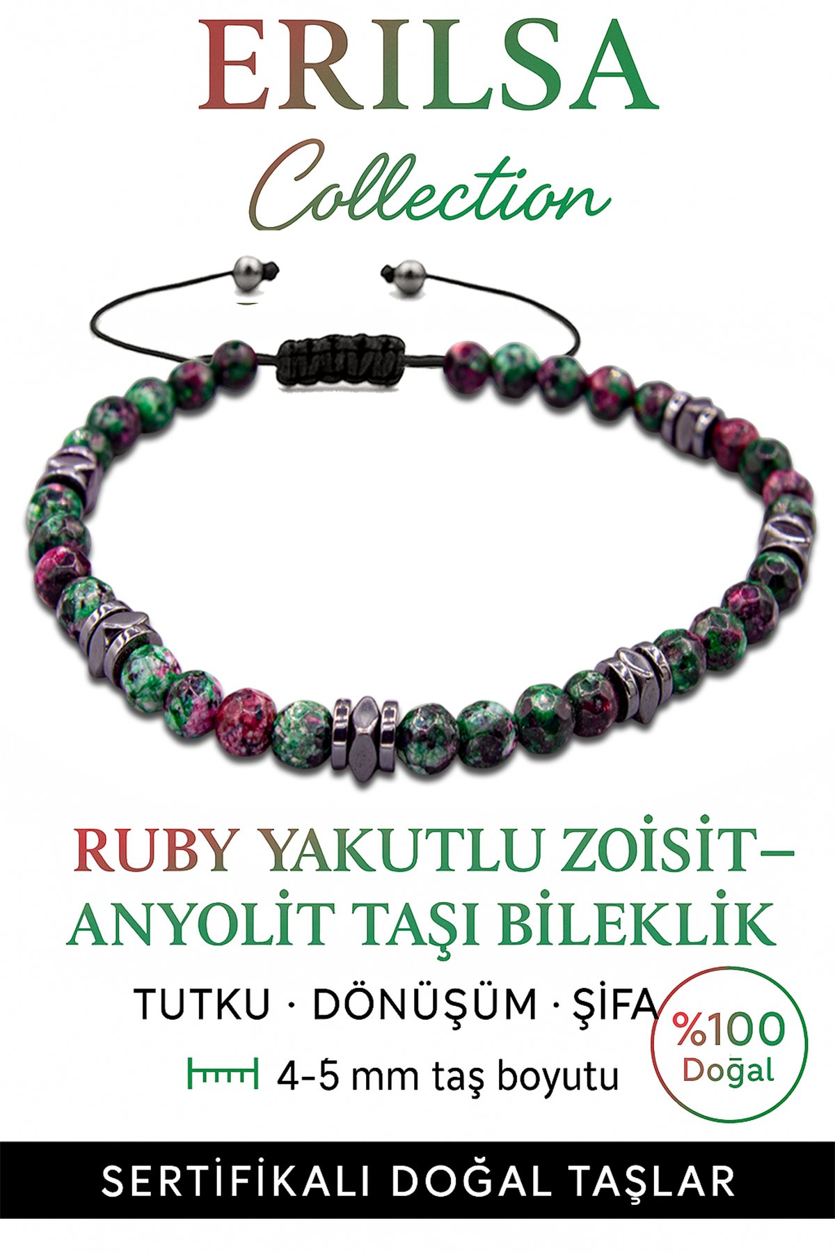 Sertifikalı Fasetli Terahertz – Ruby Zoisite (Anyolit) Taşı Bileklik (İnce Model) – Tutku, Denge ve Ruhsal Güç Taşı