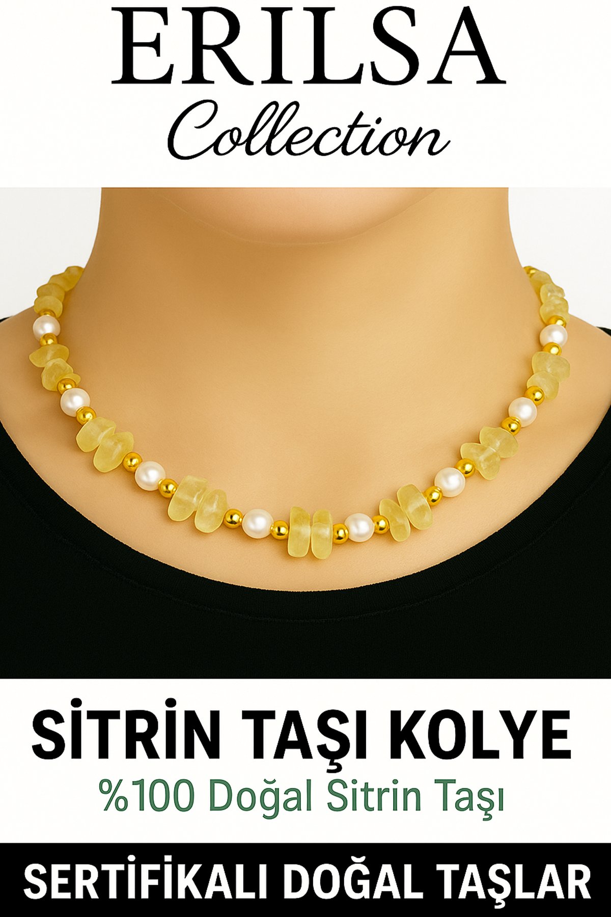 Sertifikalı Kırık Taşlı Model İnci – Sitrin Taşı Kolye – Pozitif Enerji ve Bolluk