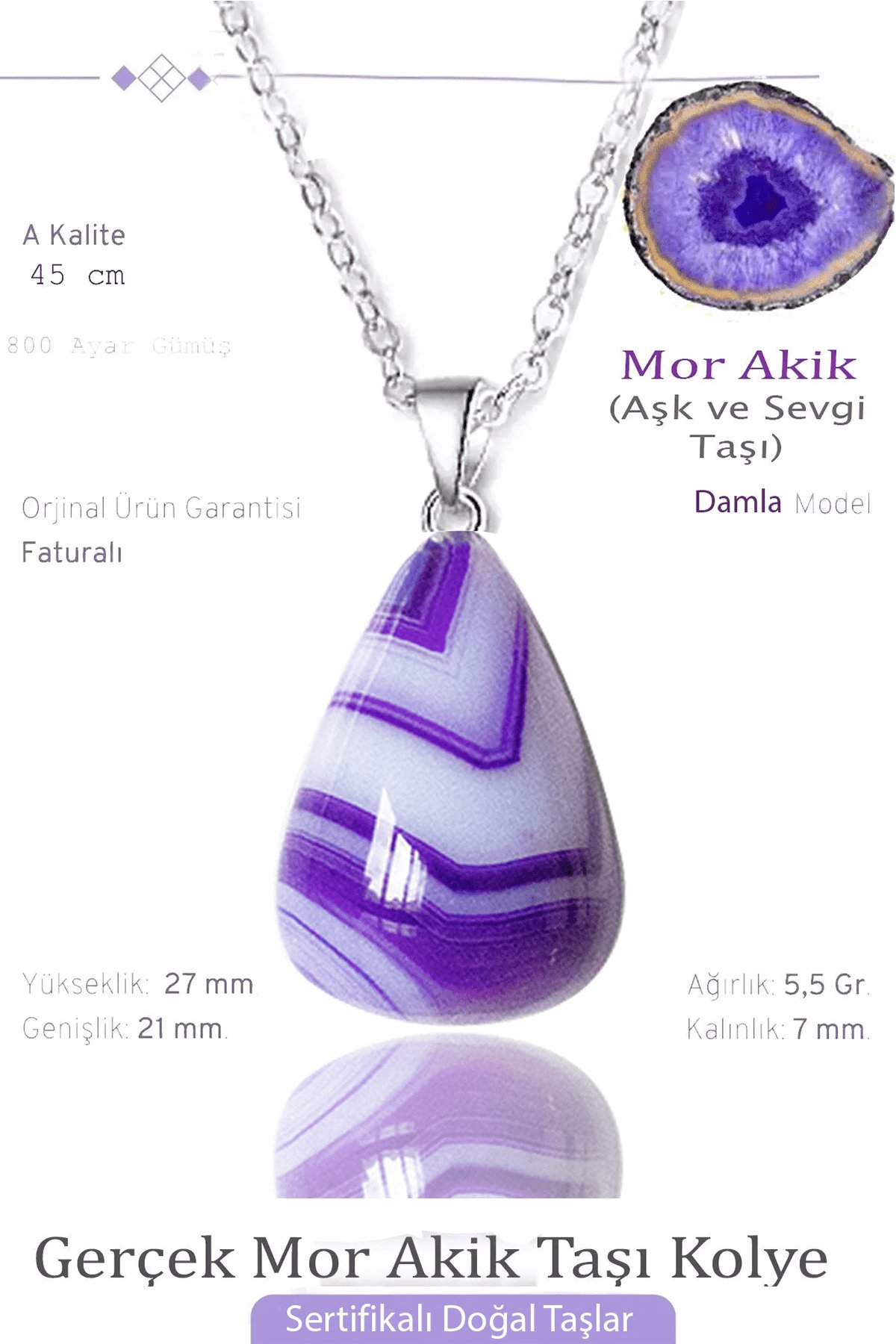 Sertifikalı Damla Model Gerçek Mor Akik Taşı Kolye