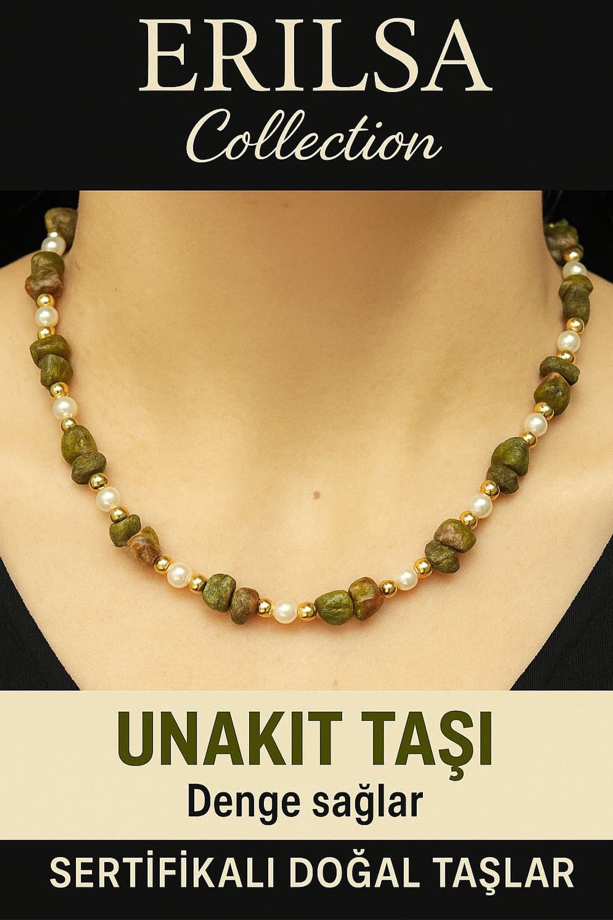 Sertifikalı Kırık Taşlı Model İnci Unakit Taşı Kolye – Denge ve Canlılık Enerjisi