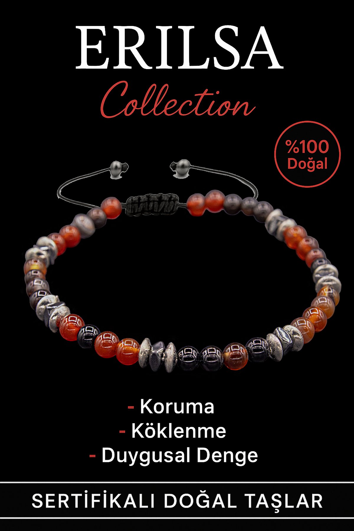 Sertifikalı Terahertz - Siyah Kızıl Yemen Akiği Taşı Bileklik - İnce Model