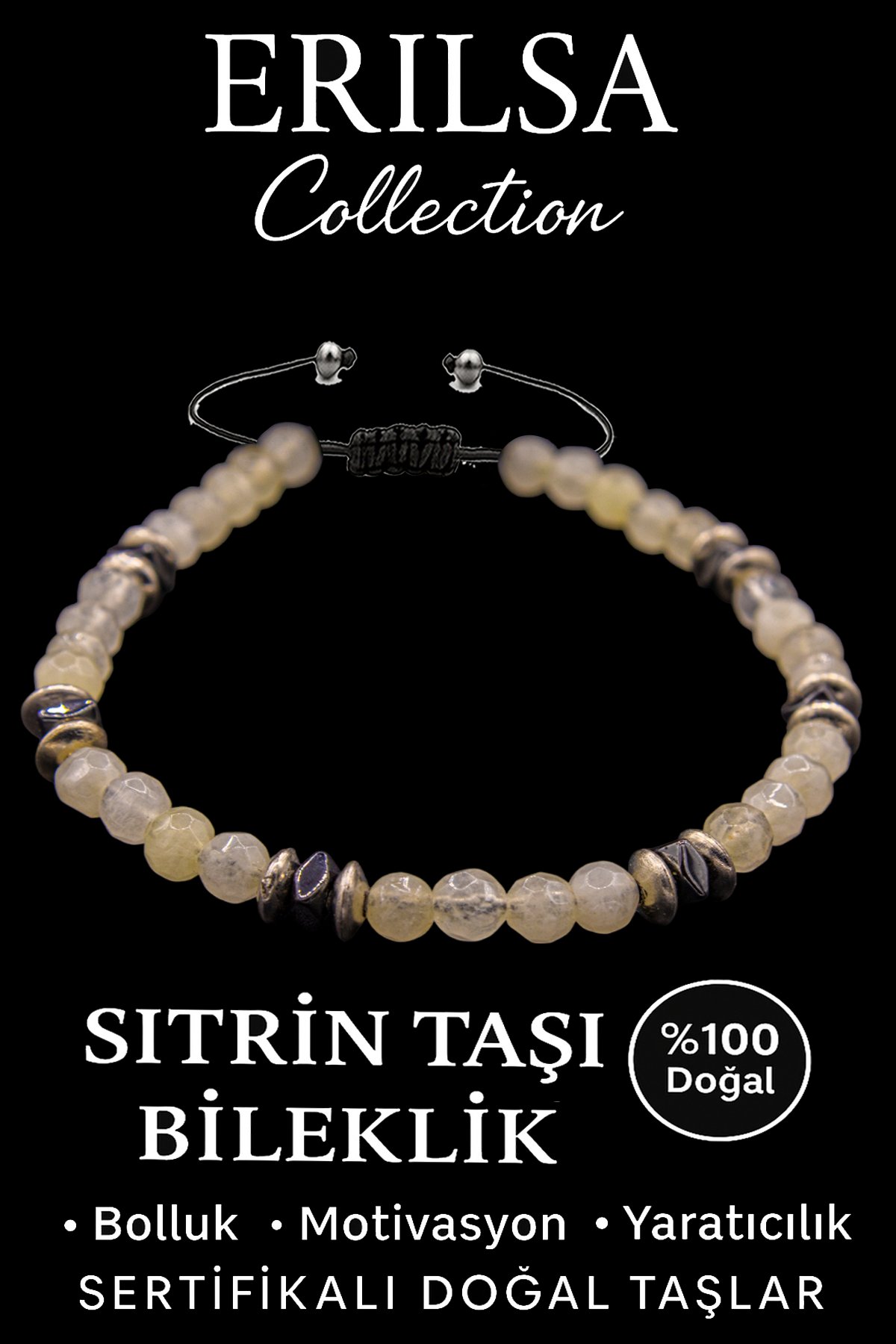 Sertifikalı Fasetli Terahertz ve Sitrin Taşı Bileklik – İnce Model Refah ve Başarı