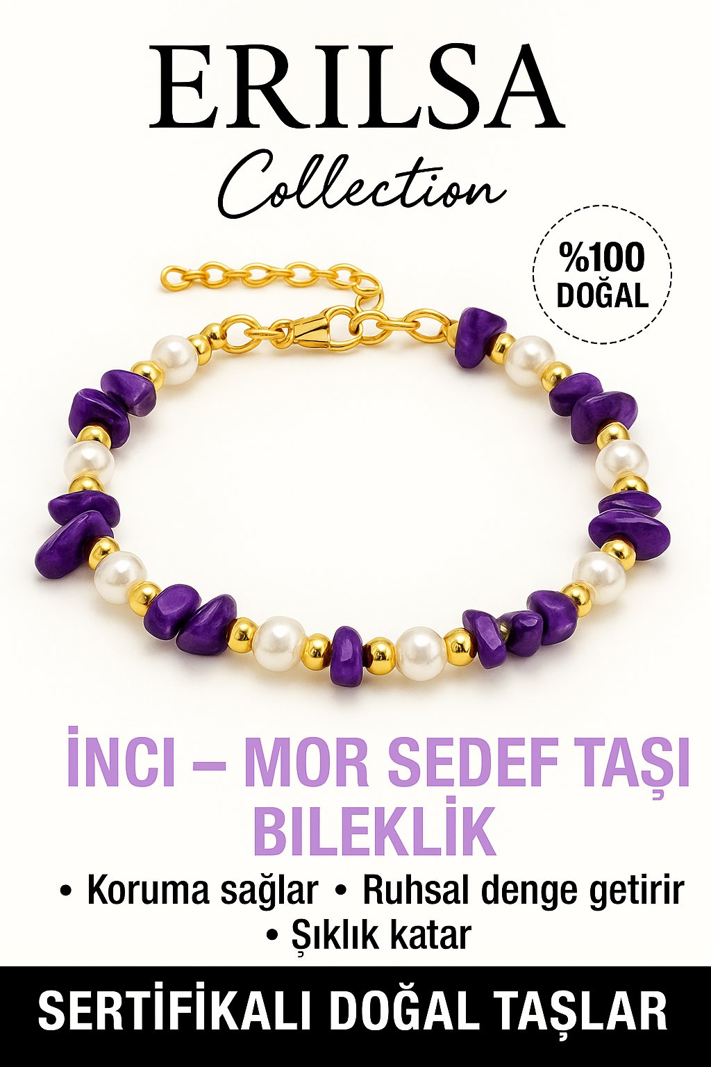 Sertifikalı İnci ve Mor Sedef Taşı Bileklik – Koruma ve Ruhsal Denge