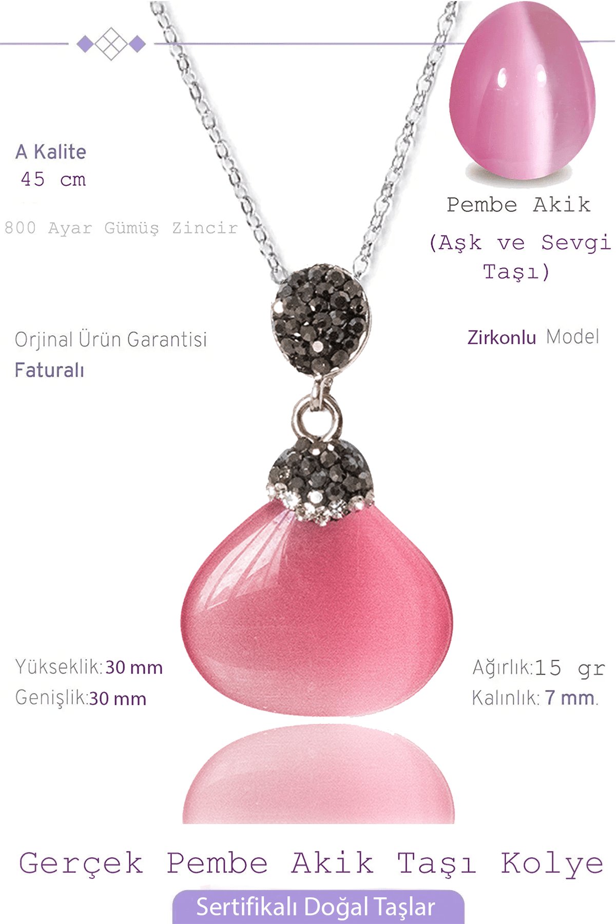 Sertifikalı Zirkon Taşlı Pembe Akik Taşı Kolye