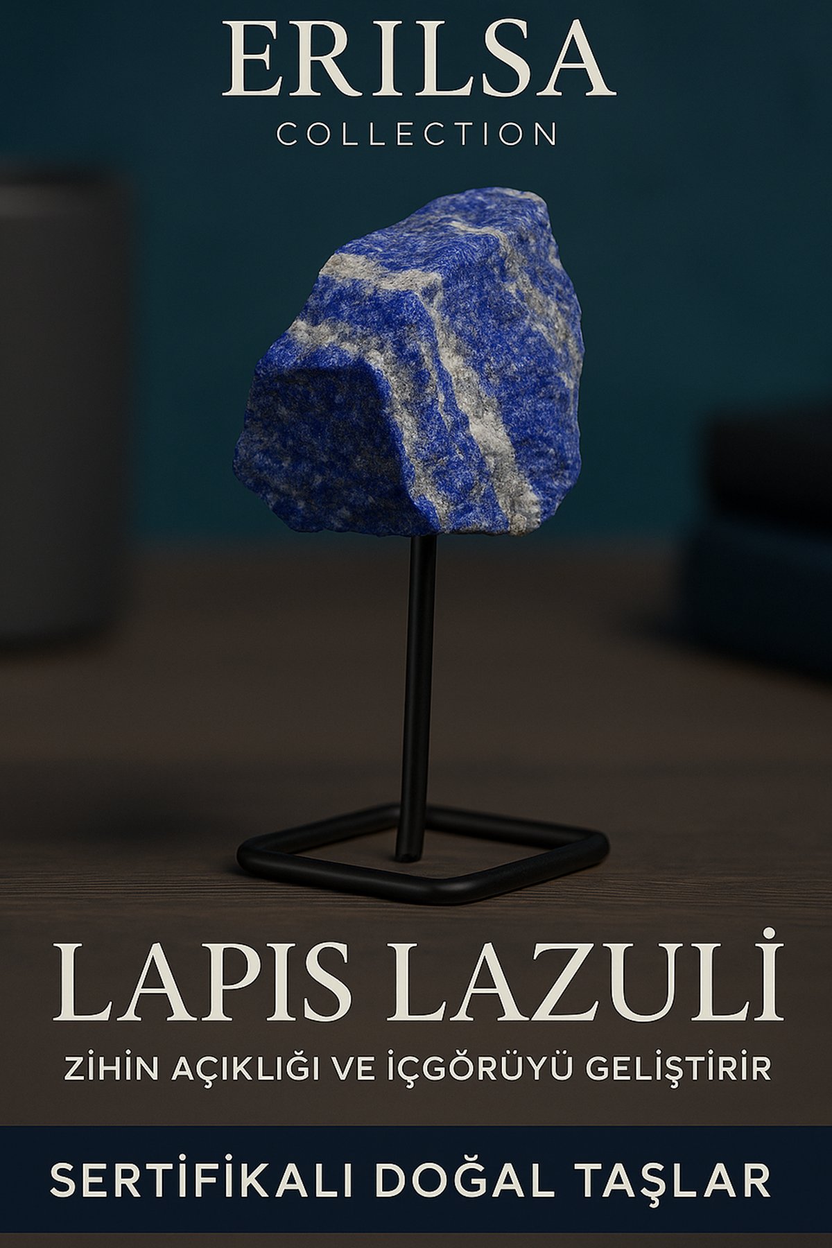 Sertifikalı Ham Doğal Lapis Lazuli Taşı Standlı Dekoratif Obje – Zihinsel Güç ve İfade Yeteneği