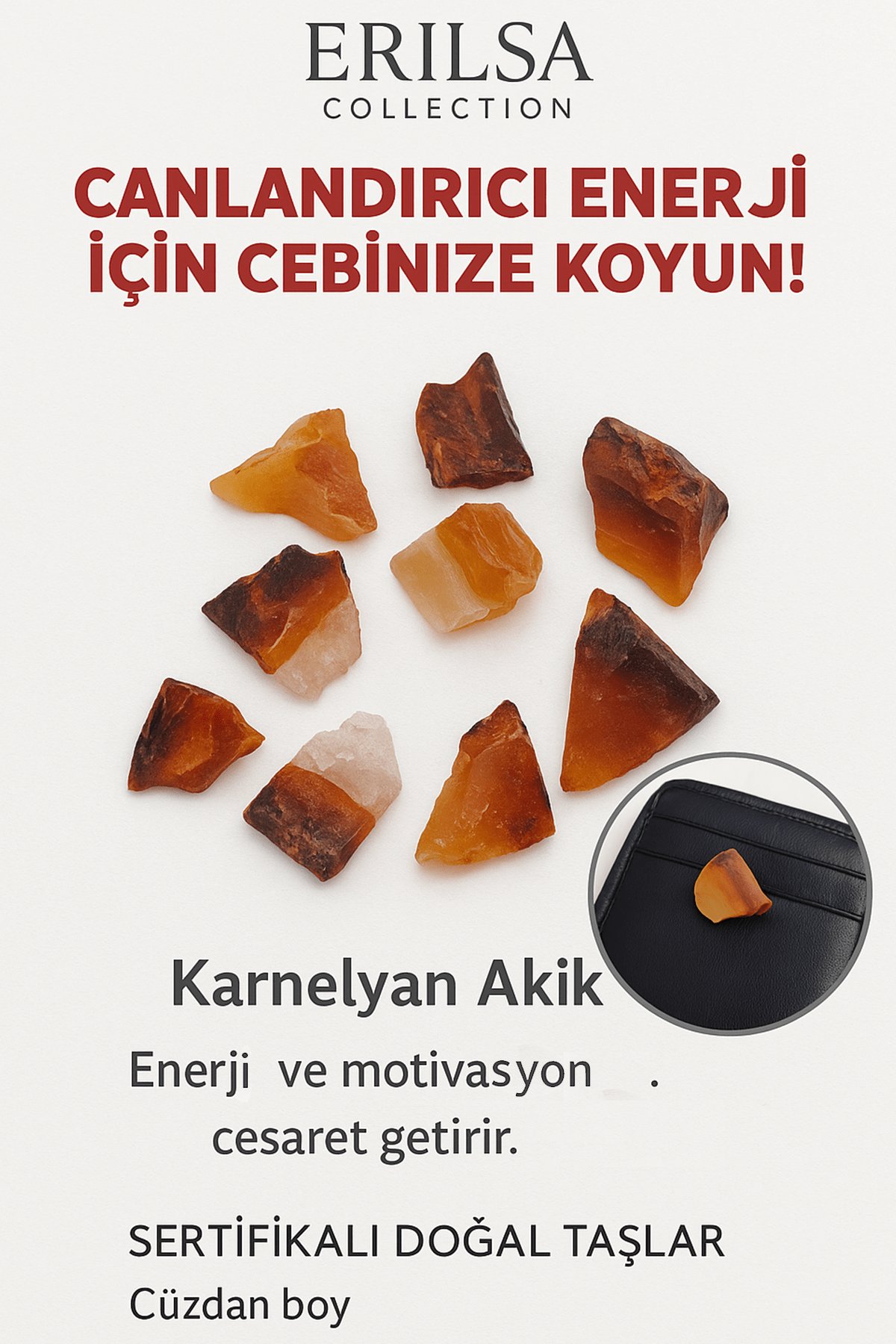 Sertifikalı Ham Cüzdan Boy Karnelyan Akik Taşı Kütle- - Günlük Enerji ve Özgüven Desteği