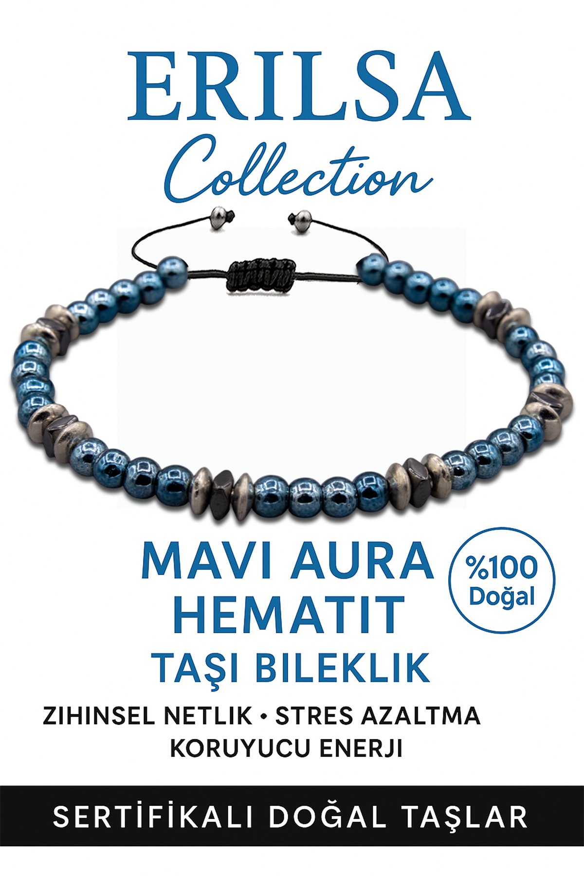 Sertifikalı AAA+ Terahertz ve Mavi Aura Hematit İnce Model Bileklik – Aura Koruma