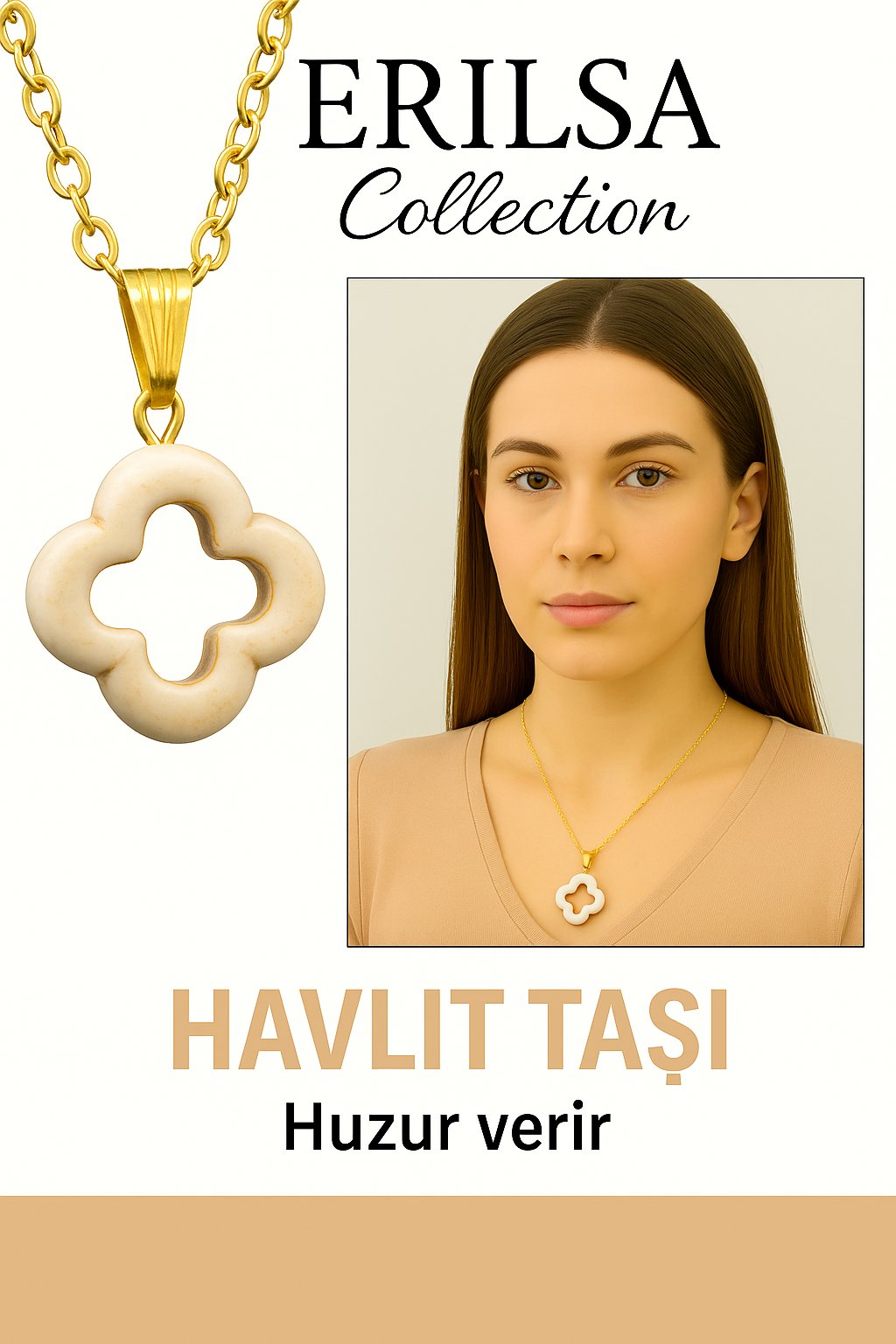 Sertifikalı Gold Yonca Model Havlit Taşı Kolye Stresi Azaltır ve Sakinlik Verir