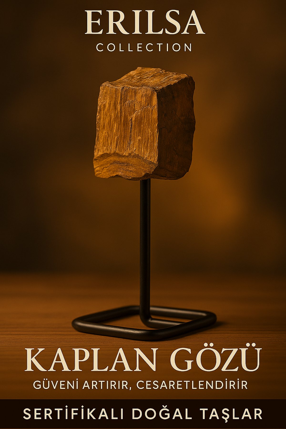 Sertifikalı Doğal Ham Kaplan Gözü Taşı Standlı Obje – Cesaret ve Odaklanma Enerjisi Sunar