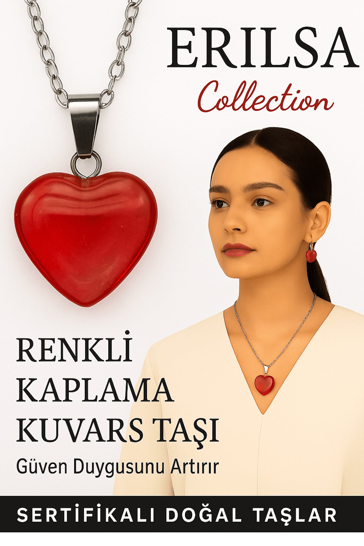 Sertifikalı Renkli Kaplama Kuvars Taşı Kolye (Kırmızı) – Tutku, Güç ve Koruyucu Enerji Taşı