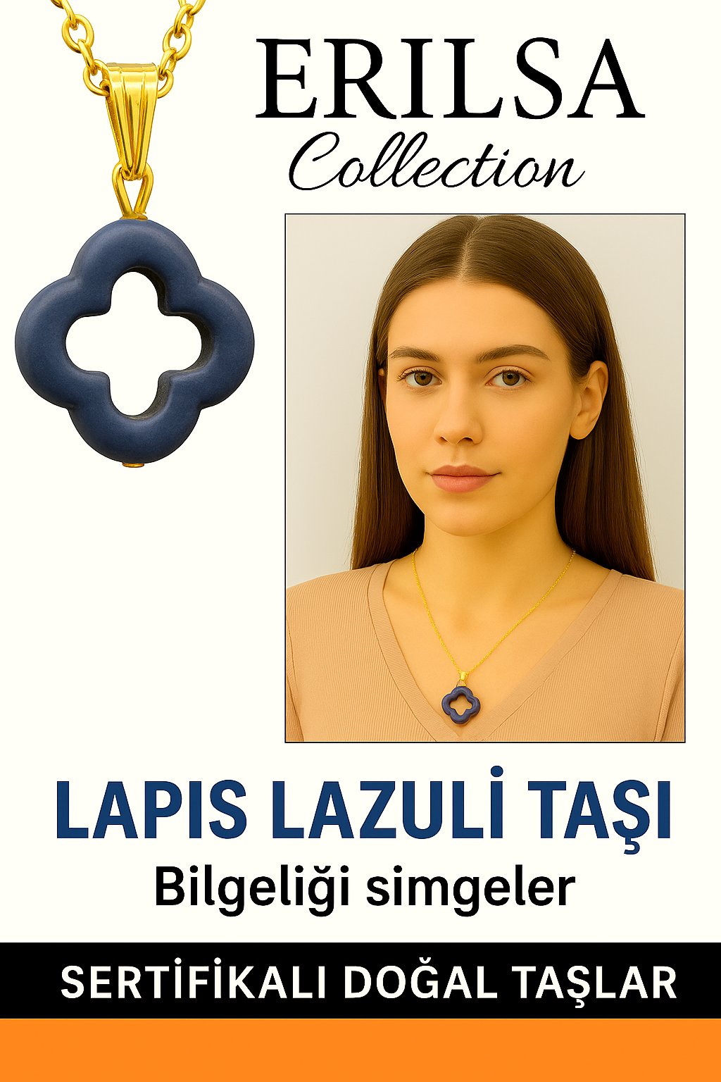 Sertifikalı Gold Yonca Model Lapis Lazuli Taşı Kolye Bilgelik Verir