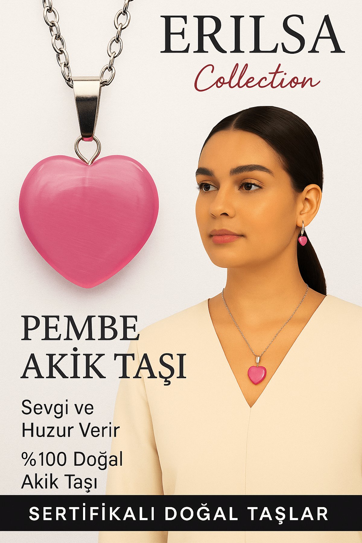 Sertifikalı Kalp Model Pembe Akik Taşı Kolye – Şefkat, Öz Sevgi ve Ruhsal Denge Taşı