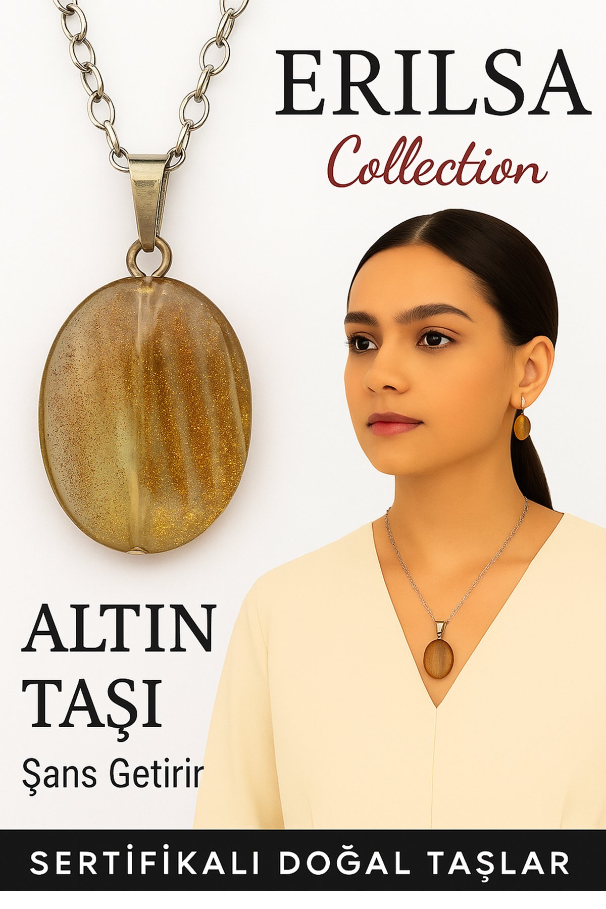 Sertifikalı Oval Model Altın Taşı Kolye (Gold Stone) – Işıltılı Enerji, Cesaret ve Hedef Odaklılık