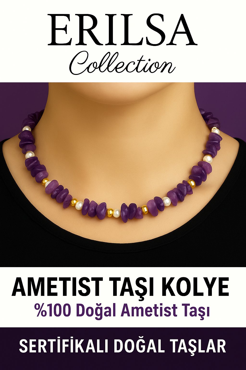 Sertifikalı Kırık Taşlı Model İnci – Ametist Taşı Kolye – Sakinlik ve Ruhsal Denge
