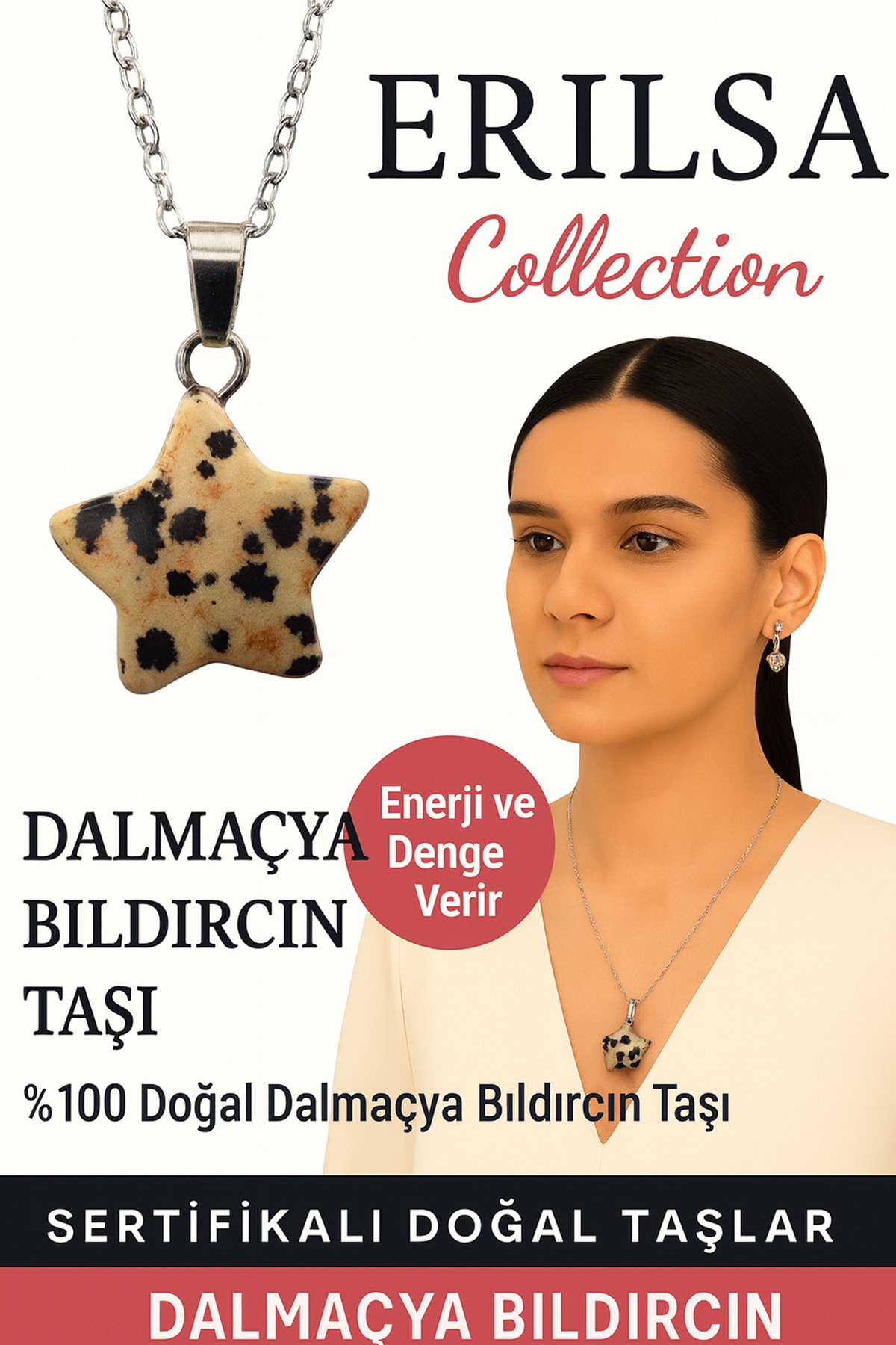 Sertifikalı Yıldız Model Dalmaçya Jasper Doğal Taş Kolye – Enerji Denge ve Koruma Taşı