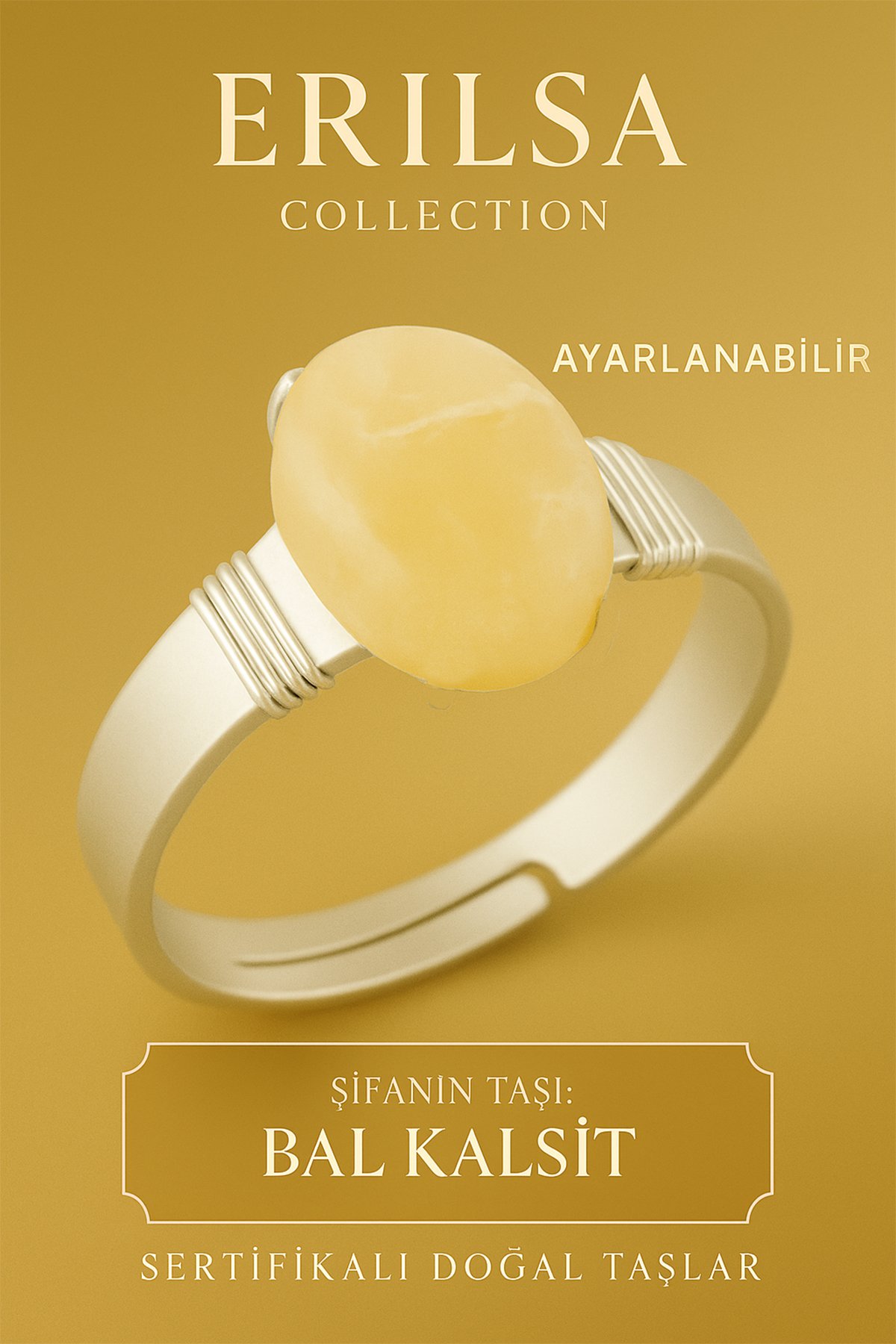 Sertifikalı Doğal Bal Kalsit Taşı Yüzük – Ayarlanabilir Kalın Tımbıl Kasa