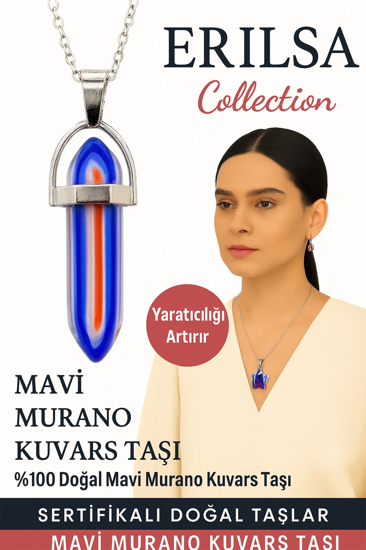 Sertifikalı Çivi Model Mavi Murano Kuvars Doğal Taş Kolye – Yaratıcılığı Artırır