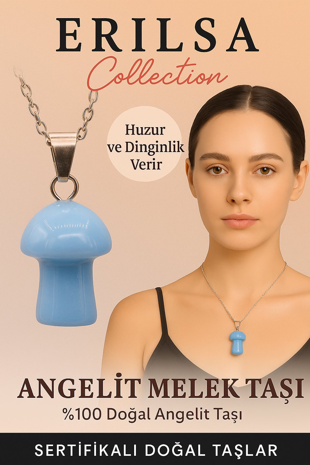 Sertifikalı Mantar Model Angelit Melek Taşı Kolye - Huzur ve Dinginlik Veren Doğal Taş