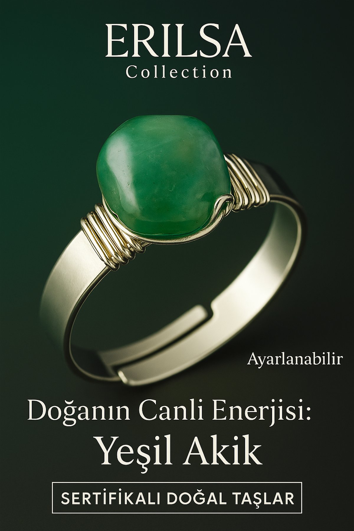 Sertifikalı Doğal Yeşil Akik Taşı Yüzük – Kalın Tımbıl Kasa Gümüş Renk Ayarlanabilir