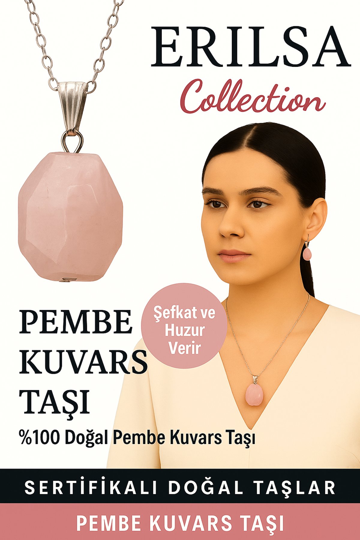 Sertifikalı Fasetli Pembe Kuvars Doğal Taş Kolye – Şefkat Huzur Aşk ve Enerji Taşı