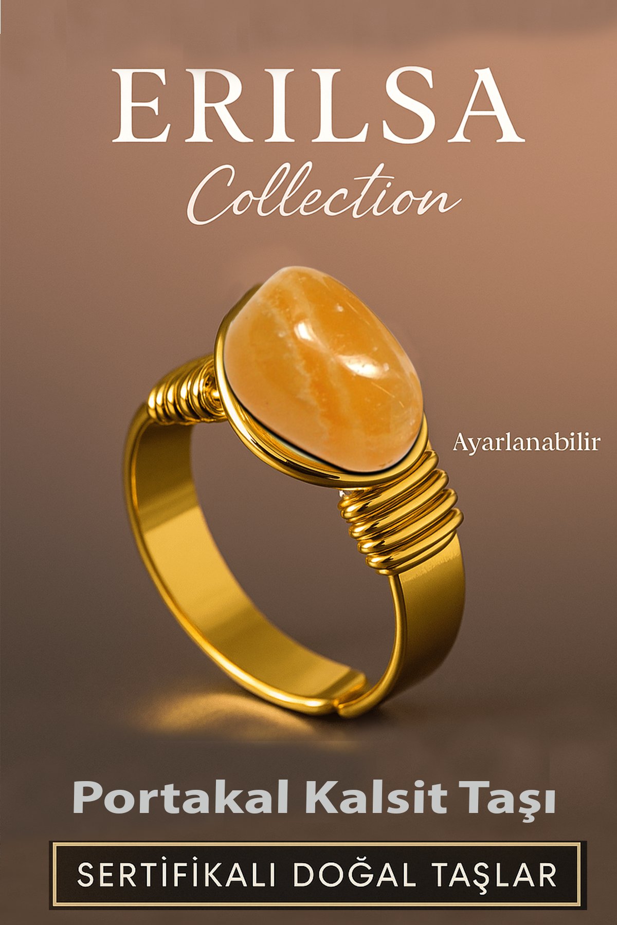 Sertifikalı Doğal Portakal Kalsit Taşı Yüzük – Kalın Tımbıl Kasa Gold Renk Ayarlanabilir