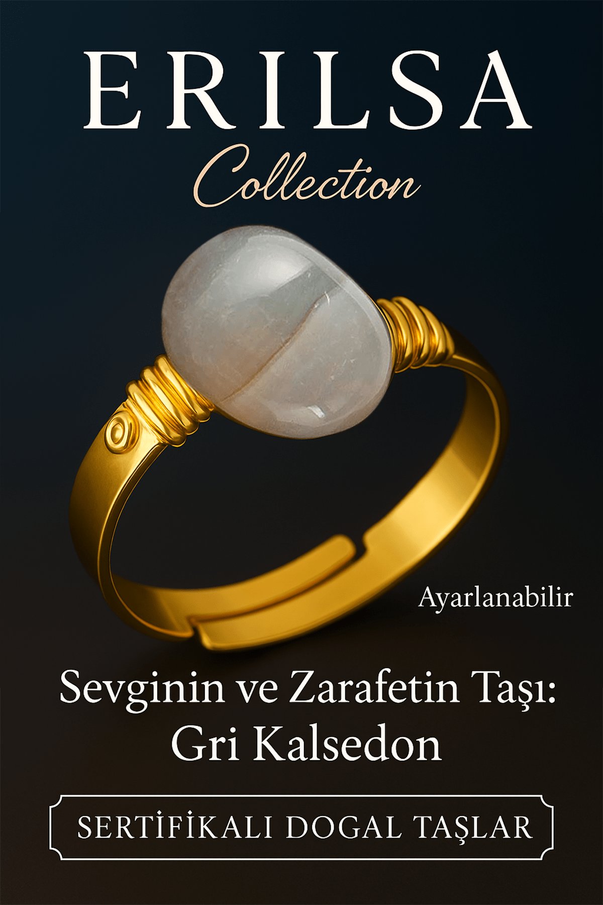 Sertifikalı Doğal Gri Kalsedon Taşı Yüzük – Kalın Tımbıl Kasa Gold Renk Ayarlanabilir