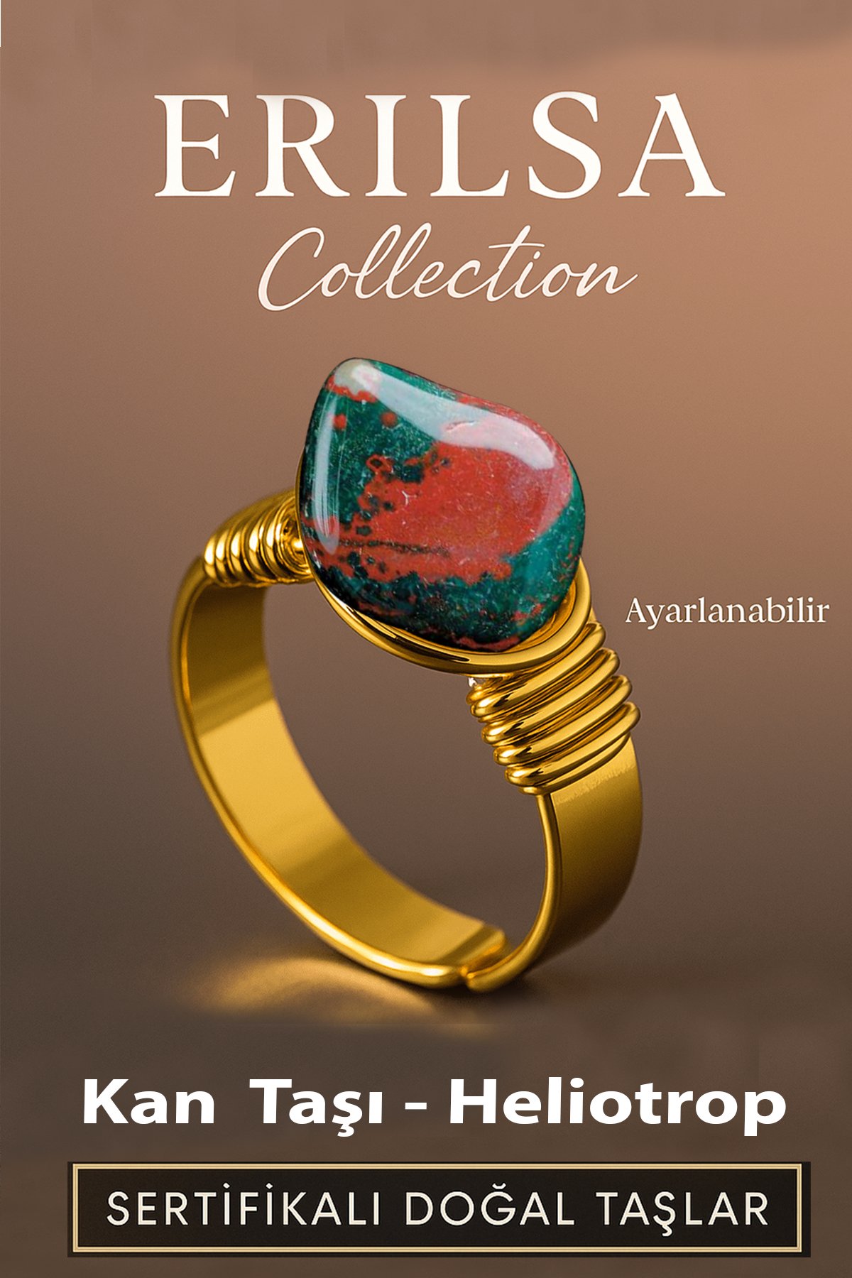 Sertifikalı Doğal Kan Taşı Heliotrop Yüzük – Kalın Tımbıl Kasa Gold Renk Ayarlanabilir