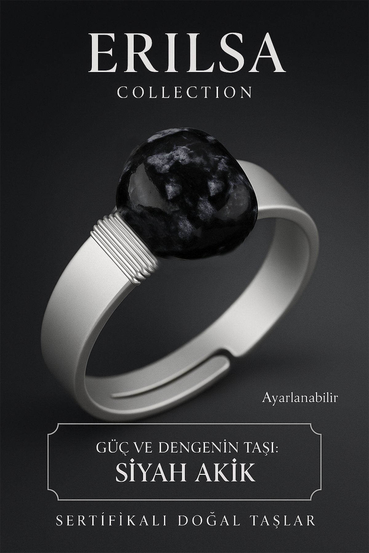 Sertifikalı Doğal Siyah Akik Taşı Yüzük – Ayarlanabilir Kalın Tımbıl Kasa