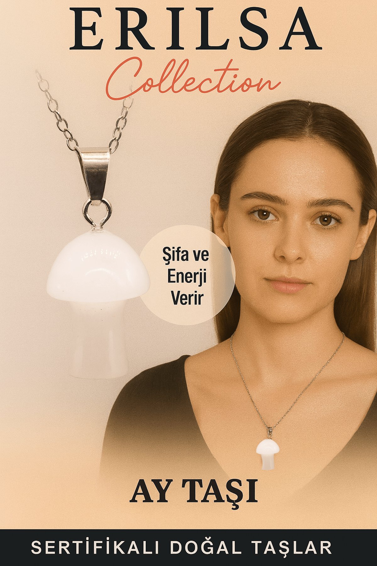 Sertifikalı Mantar Model Ay Taşı Kolye - Şifa ve Enerji Veren Doğal Taş Takı