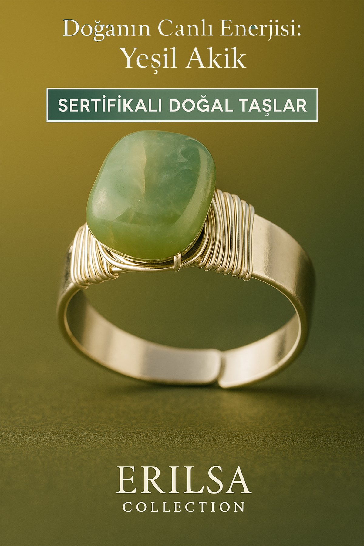 Sertifikalı Doğal Yeşil Akik Taşı Yüzük – Ayarlanabilir Kalın Tımbıl Kasa