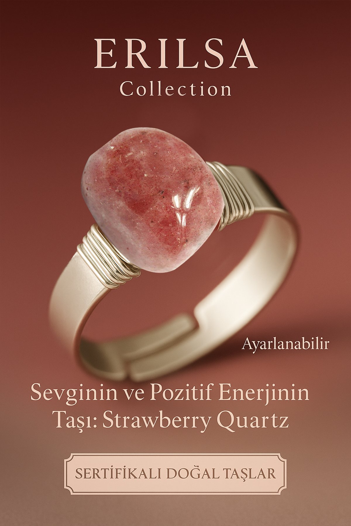 Sertifikalı Doğal Strawberry Quartz (Çilek Kuvars) Taşı Yüzük – Kalın Tımbıl Kasa Ayarlanabilir