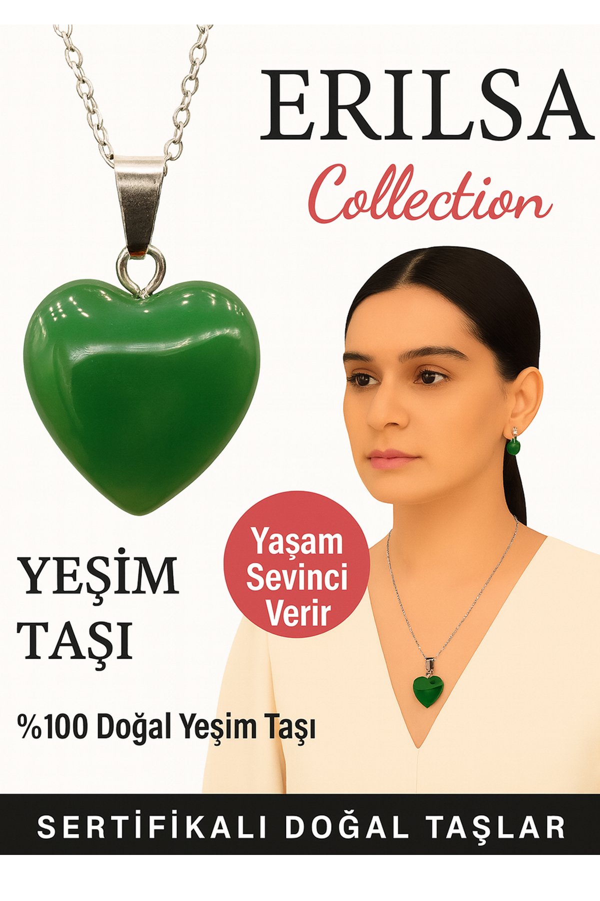 Sertifikalı Kalp Model Yeşim Doğal Taş Kolye – Yaşam Sevinci ve Şifa Verir