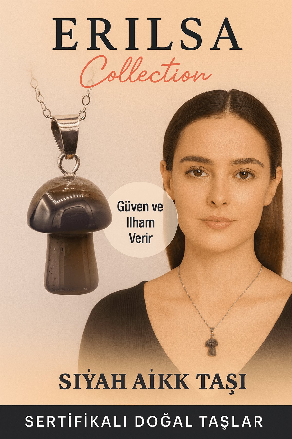 Sertifikalı Mantar Model Siyah Akik Taşı Kolye - Güç ve İlham Veren Doğal Taş