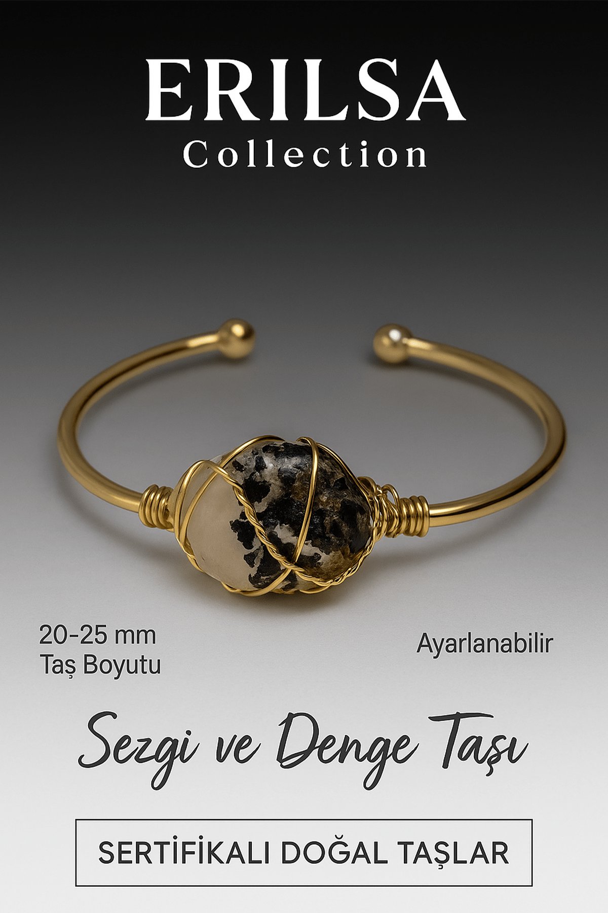 Sertifikalı Doğal Turmalinli Ay Taşı Ayarlanabilir 24K Altın Kaplama Bileklik 20-25 mm