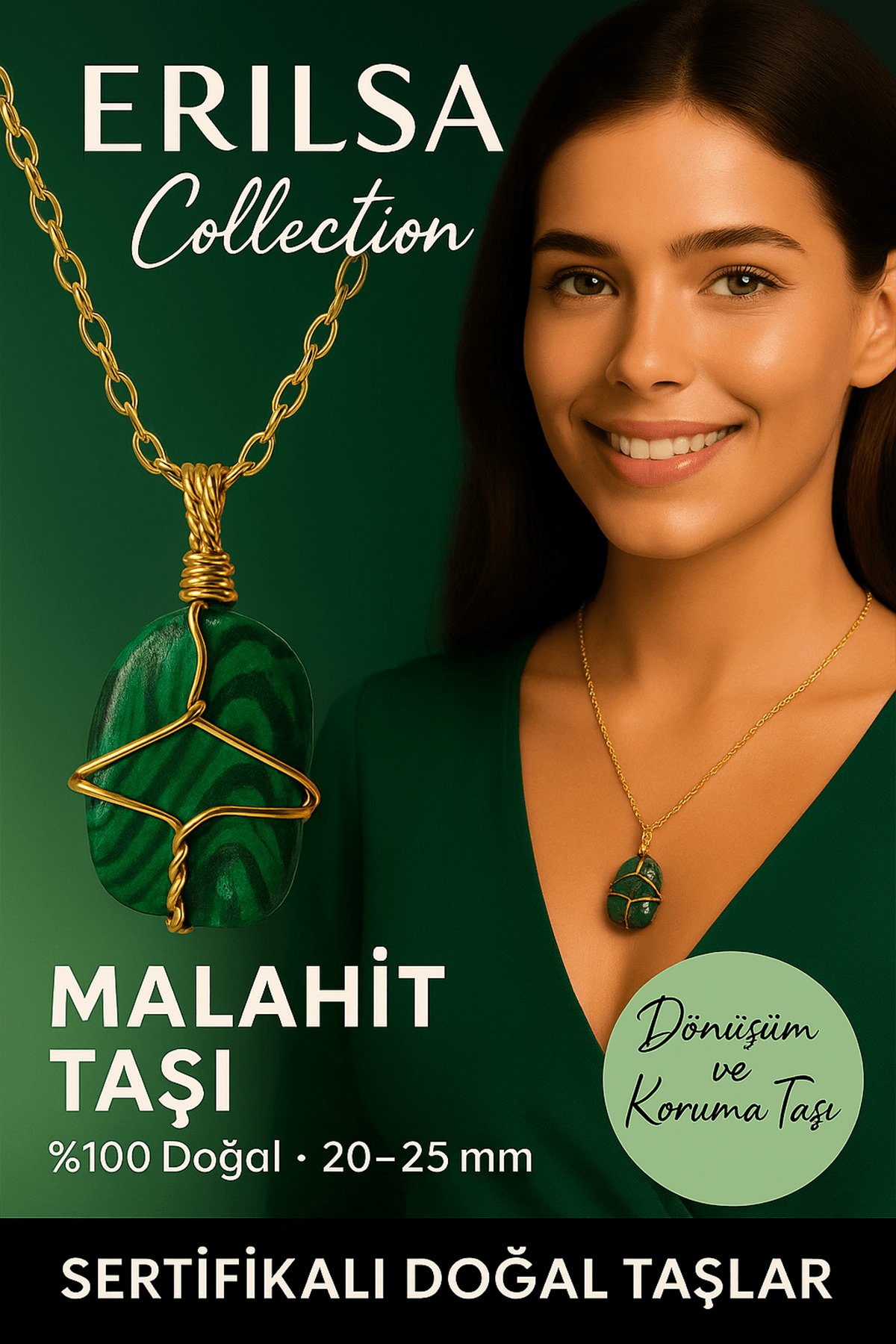 Sertifikalı Gold Renkli Doğal Tel Sargılı Malahit Taşı Kolye – Dönüşüm ve Koruma Taşı