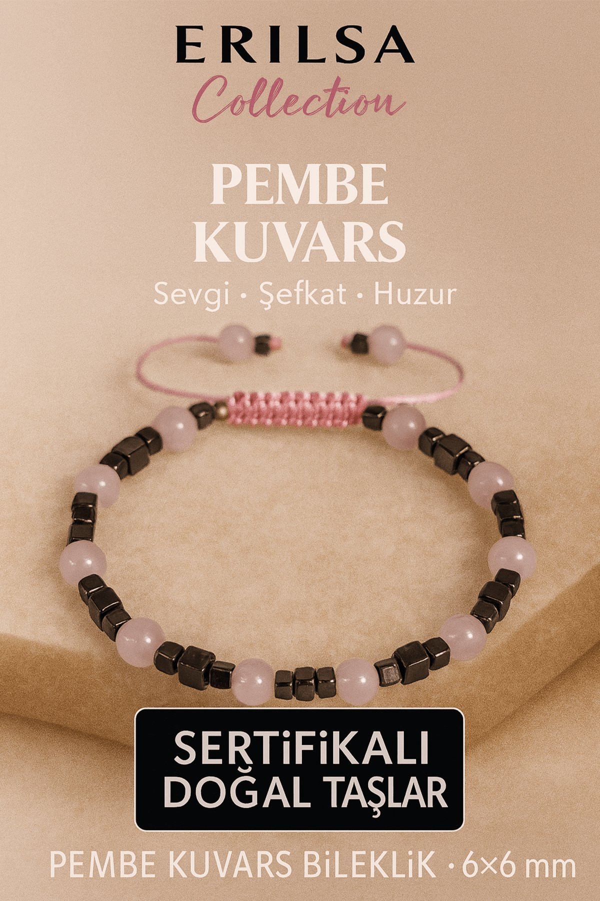 Sertifikalı Doğal Terahertz Pembe Kuvars Taşı Bileklik 6x6 mm Sevgi ve Huzur Taşı